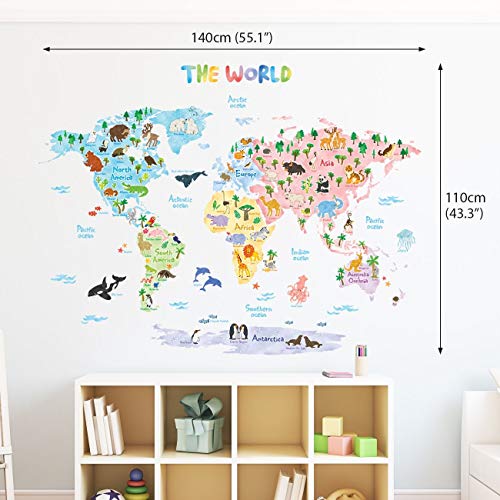 DECOWALL DLT-1615 Mapamundi Animales Vinilo Pegatinas Decorativas Adhesiva Pared Dormitorio Salón Guardería Habitación Infantiles Niños Bebés (Extra Grande) (English Ver.)