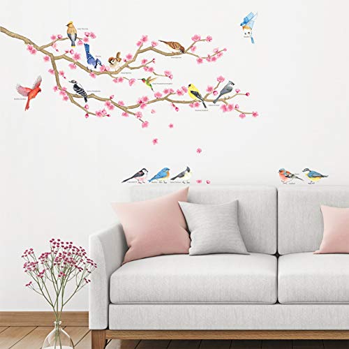 DECOWALL DWL-2009 Aves de jardín y flor de cerezo Vinilo Pegatinas Decorativas Adhesiva Pared Dormitorio Salón Guardería Habitación Infantiles Niños Bebés