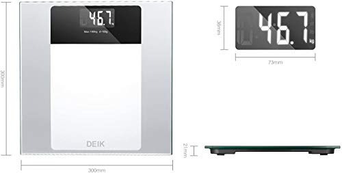 Deik Bascula Baño, Báscula Baño Digital con Pantalla LCD Retroiluminada, Alta Precisión, Gran Plataforma, 180 Kilogramm, Incluida Herramienta de Medida y 2 Baterías AAA, Transparente (blanco)