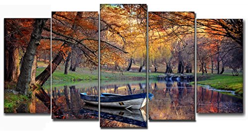 DekoArte 120 - Cuadros Modernos Impresión de Imagen Artística Digitalizada | Lienzo Decorativo para Tu Salón o Dormitorio | Estilo Paisaje Otoño con Agua Tonos Marrones Naturaleza | 5 Piezas 150x80cm