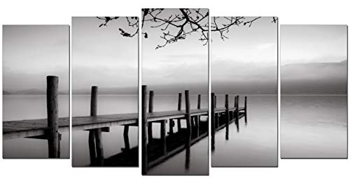 DekoArte 150 - Cuadros Modernos Impresión de Imagen Artística Digitalizada | Lienzo Decorativo para Tu Salón o Dormitorio | Estilo Zen Blanco y Negro con Paisaje Embarcadero | 5 Piezas 200x100cm XXL