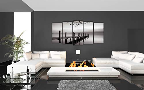 DekoArte 150 - Cuadros Modernos Impresión de Imagen Artística Digitalizada | Lienzo Decorativo para Tu Salón o Dormitorio | Estilo Zen Blanco y Negro con Paisaje Embarcadero | 5 Piezas 200x100cm XXL