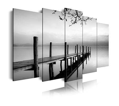 DekoArte 150 - Cuadros Modernos Impresión de Imagen Artística Digitalizada | Lienzo Decorativo para Tu Salón o Dormitorio | Estilo Zen Blanco y Negro con Paisaje Embarcadero | 5 Piezas 200x100cm XXL
