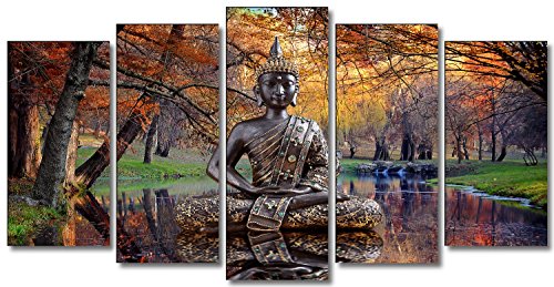 DekoArte 17 - Cuadros Modernos Impresión de Imagen Artística Digitalizada | Lienzo Decorativo para Tu Salón o Dormitorio | Estilo Buda Zen en Lago Paisaje Relajación Naturaleza | 5 Piezas 150x80cm