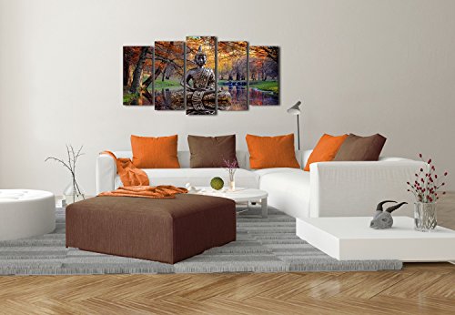 DekoArte 17 - Cuadros Modernos Impresión de Imagen Artística Digitalizada | Lienzo Decorativo para Tu Salón o Dormitorio | Estilo Buda Zen en Lago Paisaje Relajación Naturaleza | 5 Piezas 150x80cm