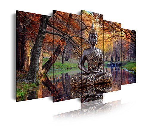 DekoArte 17 - Cuadros Modernos Impresión de Imagen Artística Digitalizada | Lienzo Decorativo para Tu Salón o Dormitorio | Estilo Buda Zen en Lago Paisaje Relajación Naturaleza | 5 Piezas 150x80cm