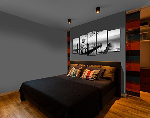 DekoArte 19 - Cuadros Modernos Impresión de Imagen Artística Digitalizada | Lienzo Decorativo para Tu Salón o Dormitorio | Estilo Buda Zen Paisaje en Blanco y Negro | 5 Piezas 150x80cm