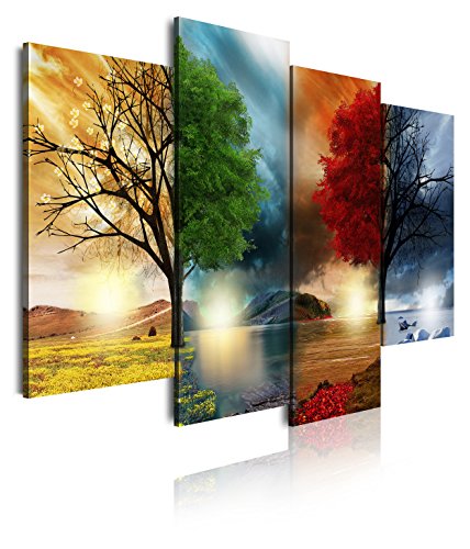 DekoArte 248 - Cuadros Modernos Impresión de Imagen Artística Digitalizada | Lienzo Decorativo para Tu Salón o Dormitorio | Estilo Paisaje Cuatro Estaciones del año Árboles Rojo | 4 Piezas 120x90cm