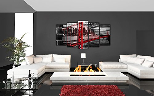 DekoArte 278 - Cuadros Modernos Impresión de Imagen Artística Digitalizada | Lienzo Decorativo para Tu Salón o Dormitorio | Estilo Ciudades EEUU Golden Gate Blanco Negro Rojo | 5 Piezas 200x100cm XXL