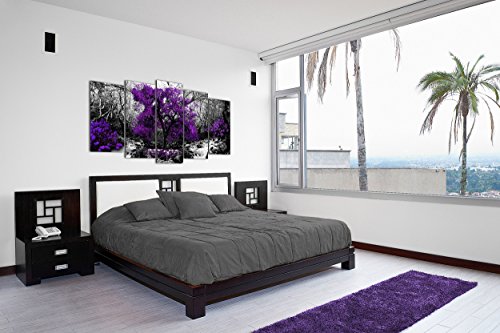 DekoArte 289 - Cuadros Modernos Impresión de Imagen Artística Digitalizada | Lienzo Decorativo para Salón o Dormitorio | Estilo Naturaleza Blanco y Negro Árboles Morados Violetas | 5 Piezas 150x80cm