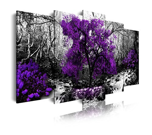 DekoArte 289 - Cuadros Modernos Impresión de Imagen Artística Digitalizada | Lienzo Decorativo para Salón o Dormitorio | Estilo Naturaleza Blanco y Negro Árboles Morados Violetas | 5 Piezas 150x80cm