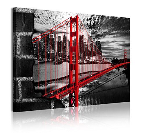 DekoArte 334 - Cuadros Modernos Impresión de Imagen Artística Digitalizada | Lienzo Decorativo para Tu Salón o Dormitorio | Estilo Ciudades EEUU Golden Gate Blanco Negro Rojo | 1 Pieza 120 x 80 cm