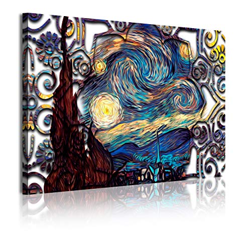 DekoArte 343 - Cuadros Modernos Impresión de Imagen Artística Digitalizada | Lienzo Decorativo para Tu Salón o Dormitorio | Estilo Abstractos Arte Van Gogh La Noche Estrellada | 1 Pieza 120 x 80 cm