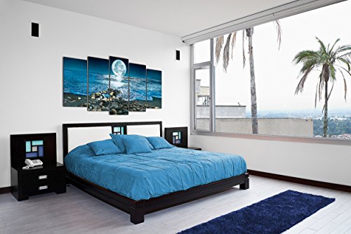 DekoArte 400 - Cuadros Modernos Impresión de Imagen Artística Digitalizada | Lienzo Decorativo para Salón o Dormitorio | Estilo Paisaje Nocturno con la Luna iluminando la Playa | 5 Piezas 150x80cm