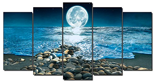 DekoArte 400 - Cuadros Modernos Impresión de Imagen Artística Digitalizada | Lienzo Decorativo para Salón o Dormitorio | Estilo Paisaje Nocturno con la Luna iluminando la Playa | 5 Piezas 150x80cm
