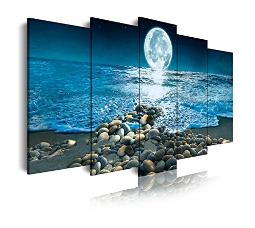 DekoArte 400 - Cuadros Modernos Impresión de Imagen Artística Digitalizada | Lienzo Decorativo para Salón o Dormitorio | Estilo Paisaje Nocturno con la Luna iluminando la Playa | 5 Piezas 150x80cm