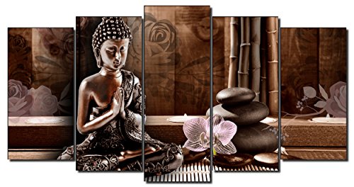 DekoArte 424 - Cuadros Modernos Impresión de Imagen Artística Digitalizada | Lienzo Decorativo para Salón o Dormitorio | Estilo Zen Feng Shui con Buda Meditando en Tonos Bronces | 5 Piezas 150x80cm
