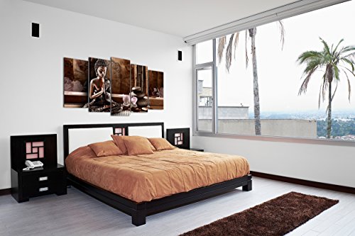 DekoArte 424 - Cuadros Modernos Impresión de Imagen Artística Digitalizada | Lienzo Decorativo para Salón o Dormitorio | Estilo Zen Feng Shui con Buda Meditando en Tonos Bronces | 5 Piezas 150x80cm