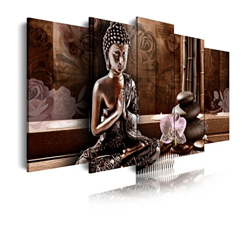 DekoArte 424 - Cuadros Modernos Impresión de Imagen Artística Digitalizada | Lienzo Decorativo para Salón o Dormitorio | Estilo Zen Feng Shui con Buda Meditando en Tonos Bronces | 5 Piezas 150x80cm
