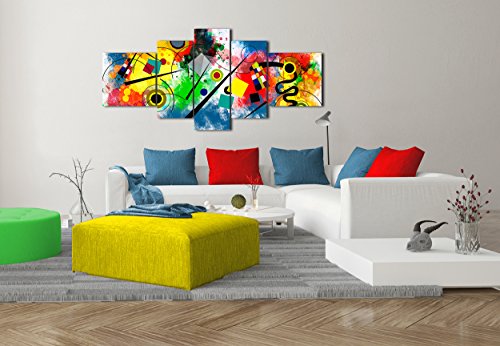 DekoArte 438 - Cuadros Modernos Impresión de Imagen Artística Digitalizada | Lienzo Decorativo para Tu Salón o Dormitorio | Estilo Abstractos Moderno Arte Kandinsky Rojo Azul | 5 Piezas 180x85cm XXL