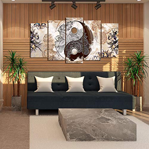 DekoArte 473 - Cuadros Modernos Impresión de Imagen Artística Digitalizada | Lienzo Decorativo Para Tu Salón o Dormitorio | Estilo Ying Yang Abstractos Zen Colores Beig Marrón | 5 Piezas 200x100cm XXL