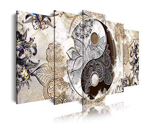 DekoArte 473 - Cuadros Modernos Impresión de Imagen Artística Digitalizada | Lienzo Decorativo Para Tu Salón o Dormitorio | Estilo Ying Yang Abstractos Zen Colores Beig Marrón | 5 Piezas 200x100cm XXL
