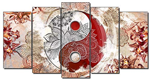 DekoArte 509 - Cuadros Modernos Impresión de Imagen Artística Digitalizada | Lienzo Decorativo para Tu Salón o Dormitorio | Estilo Ying Yang Abstractos Zen Colores Beig Rojo | 5 Piezas 150 x 80 cm