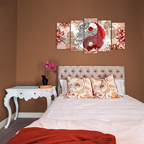 DekoArte 509 - Cuadros Modernos Impresión de Imagen Artística Digitalizada | Lienzo Decorativo para Tu Salón o Dormitorio | Estilo Ying Yang Abstractos Zen Colores Beig Rojo | 5 Piezas 150 x 80 cm