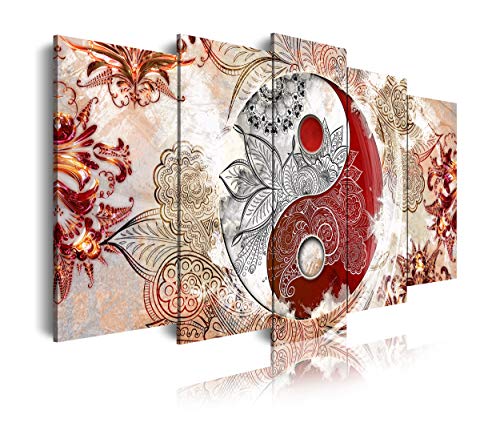 DekoArte 509 - Cuadros Modernos Impresión de Imagen Artística Digitalizada | Lienzo Decorativo para Tu Salón o Dormitorio | Estilo Ying Yang Abstractos Zen Colores Beig Rojo | 5 Piezas 150 x 80 cm