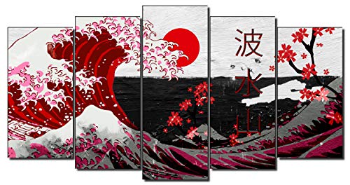 DekoArte 536 - Cuadros Modernos Impresión de Imagen Artística Digitalizada | Lienzo Decorativo para Tu Salón o Dormitorio | Estilo Abstractos Arte La Gran Ola De Kanagawa Rojo | 5 Piezas 150 x 80 cm
