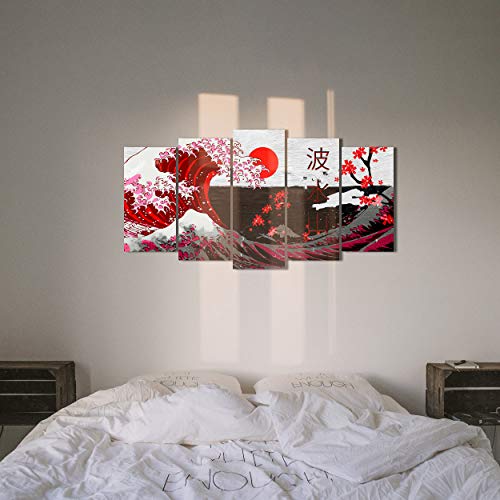 DekoArte 536 - Cuadros Modernos Impresión de Imagen Artística Digitalizada | Lienzo Decorativo para Tu Salón o Dormitorio | Estilo Abstractos Arte La Gran Ola De Kanagawa Rojo | 5 Piezas 150 x 80 cm