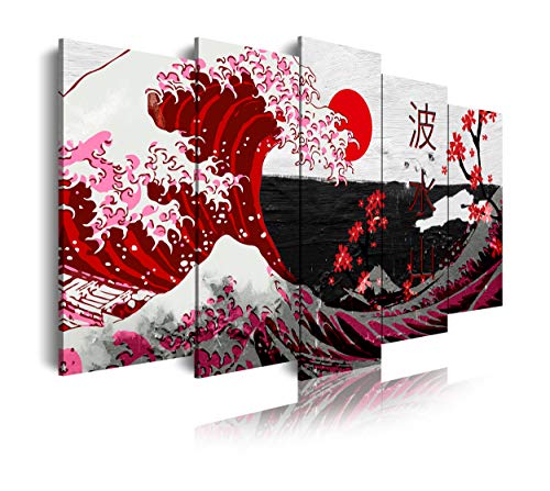 DekoArte 536 - Cuadros Modernos Impresión de Imagen Artística Digitalizada | Lienzo Decorativo para Tu Salón o Dormitorio | Estilo Abstractos Arte La Gran Ola De Kanagawa Rojo | 5 Piezas 150 x 80 cm