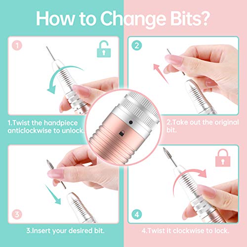 Delanie Torno para Uñas Profesional 35000 rpm Portátil Recargable Eléctrico Acrilicas o de Gel Manicura y Pedicura con 6 Brocas para Torno