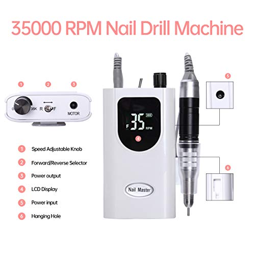 Delanie Torno para Uñas Profesional 35000rpm Portátil Inalambrico Recargable Acrílico o de Gel para Manicura y Pedicura con 6 brocas y Pantalla LCD para Salón de Belleza y Casa