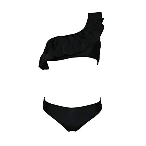 DELEY Mujeres Elegante Traje De Baño de Un Solo Hombro Volante Triángulo Parte Inferior Bikini Verano Color Sólido Negro Tamaño S
