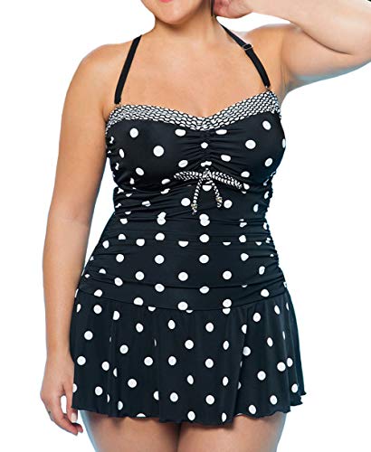DELEY Mujeres Retro Tankini Push Up Bikini Traje de Baño de Lunares Bañador de Dos Piezas Talla Grande Ropa De Playa Negro Tamaño 5XL
