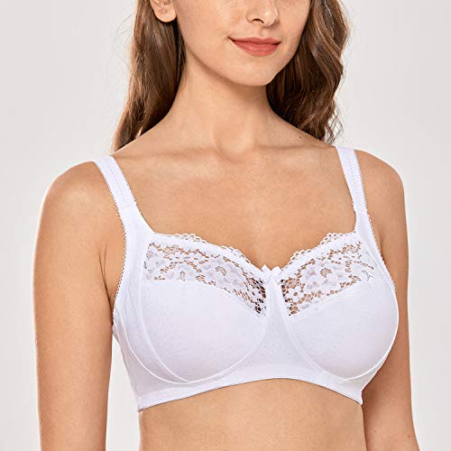 DELIMIRA - Sujetador Algodón de Copa Completa En Encaje Floral sin Aros para Mujer Blanco 110D