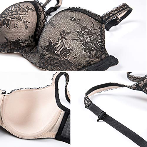 DELIMIRA - Sujetador Balconet de Encaje con Aros y Relleno Copa Completa Preformado Negro 115C