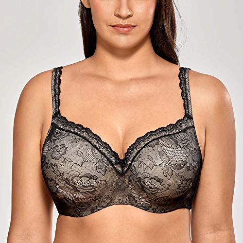 DELIMIRA - Sujetador Balconet de Encaje con Aros y Relleno Copa Completa Preformado Negro 115C