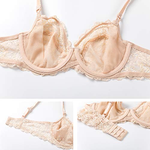 DELIMIRA - Sujetador Balconette con Aros Sin Relleno En Encaje Floral para Mujer Beige 90C