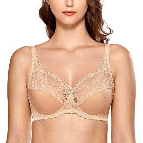 DELIMIRA - Sujetador Reductor Copa Completa con Encaje sin Aros para Mujer Beige 95B