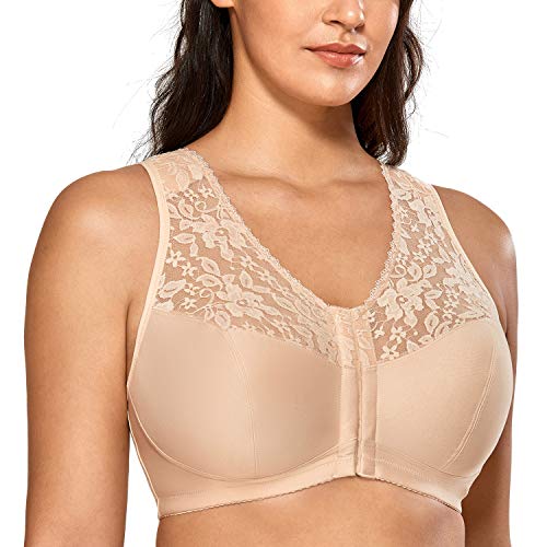 DELIMIRA - Sujetador Sin Aros en Encaje y Tela Suave Cierre Delantero para Mujer Beige 95C