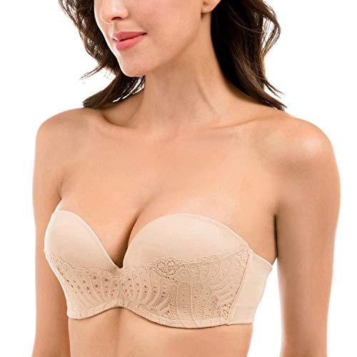 DELIMIRA- Sujetador sin Tirantes con Aros con Relleno de Encaje Beige 110C