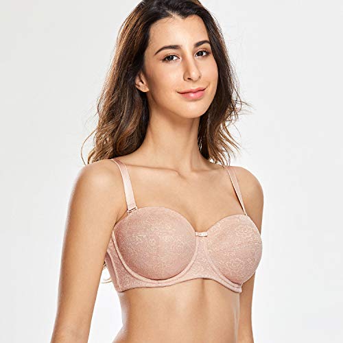 DELIMIRA - Sujetador Sin Tirantes con Aros Sin Relleno de Encaje Floral para Mujer Beige 90E