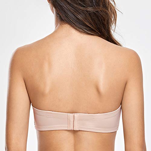 DELIMIRA - Sujetador Sin Tirantes con Aros Sin Relleno de Encaje Floral para Mujer Beige 90E