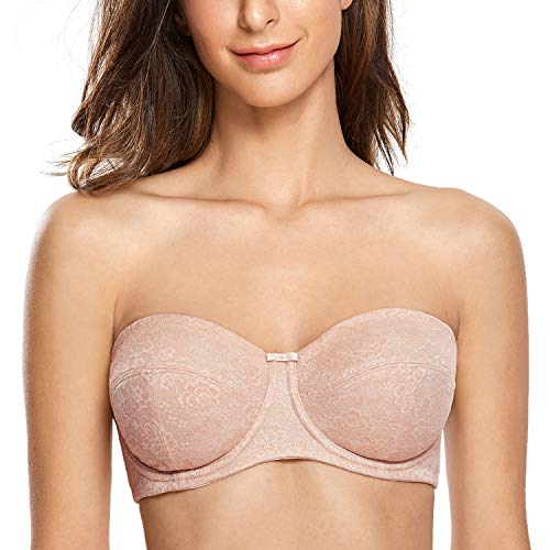 DELIMIRA - Sujetador Sin Tirantes con Aros Sin Relleno de Encaje Floral para Mujer Beige 90E