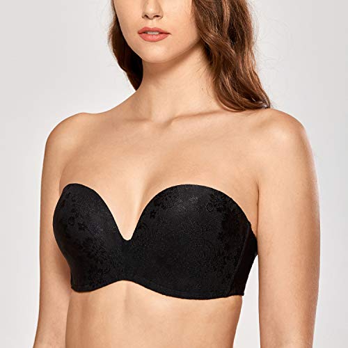 DELIMIRA Sujetador Sin Tirantes Encaje con Relleno para Mujer Talla Grande Negro 100C