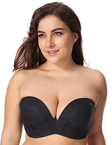 DELIMIRA - Sujetador sin Tirantes Push Up con Relleno de Encaje Negro 110C