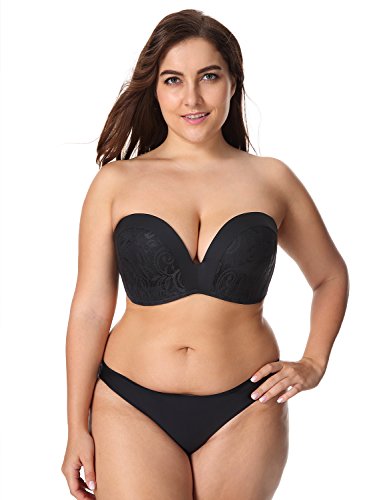 DELIMIRA - Sujetador sin Tirantes Push Up con Relleno de Encaje Negro 110C