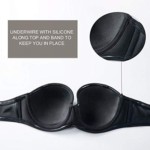 DELIMIRA - Sujetador sin Tirantes Tallas Grandes Push Up de Silicona para Mujer Negro 95C